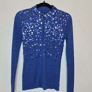 Boston Proper Glitteratti Sequined Zip Up Cardigan Blue Maxialism Y2K Dopamine S